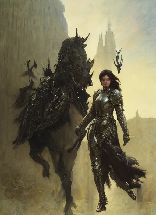 Image similar to stoya wearing black medieval armour, by gaston bussiere, bayard wu, greg rutkowski, giger, maxim verehin, greg rutkowski, masterpiece, sharp focus, cinematic lightning