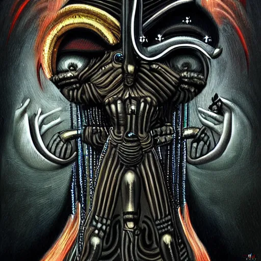 Image similar to beautiful painting of a sacrifice in honor of the goddess Kali Linux in the style of Welder Wings and H. R. Giger. Dark background, detailed, trending on Artstation