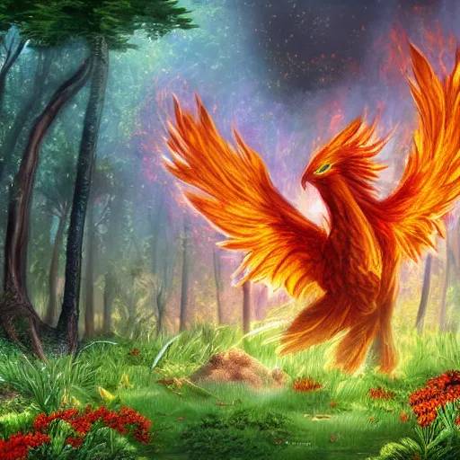 Prompt: a large phoenix in a forest, sitting in a small patch of grass and flowers that aren't being burnt, hd, fantasy, realism