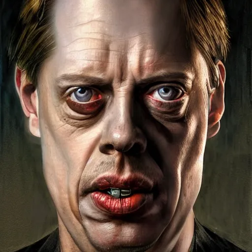 Image similar to hyperrealistic mixed media high resolution painting of Steve Buscemi Hellraiser, stunning 3d render inspired art by Jamie Salmon and Greg Rutkowski, perfect facial symmetry, dim volumetric lighting, 8k octane beautifully detailed render, full body shot, post-processing, extremely hyper-detailed, intricate, epic composition, highly detailed attributes, highly detailed atmosphere, cinematic lighting, masterpiece, trending on artstation, very very detailed, masterpiece, stunning, flawless completion, lifelike texture, perfection,