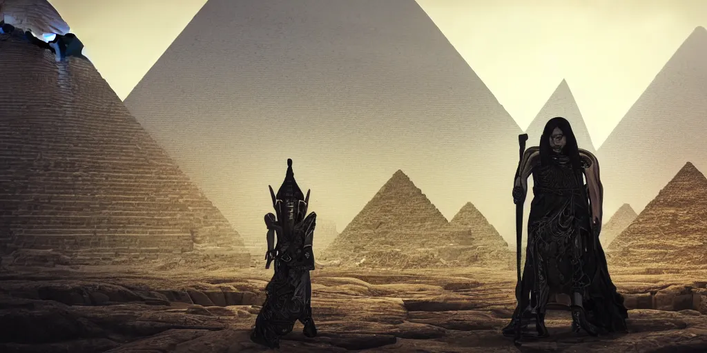 Image similar to Photorealistic epic intricate detailed dark wizard with arms outstretched, casting spells in front of an ominous Egyptian pyramid. a gentle rising mist, an epic rocky landscape. occult photorealism, UHD, amazing depth, glowing, golden ratio, 3D octane cycle unreal engine 5, volumetric lighting, cinematic lighting, cgstation artstation concept art
