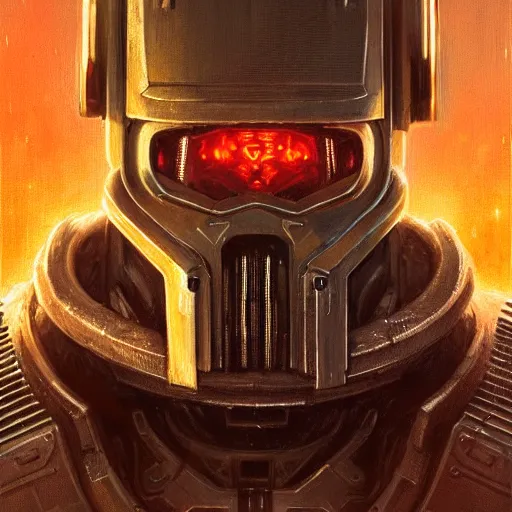 Image similar to the doomslayer as a realistic scifi cyberpunk knight, closeup portrait art by donato giancola and greg rutkowski, vintage retro scifi, realistic face, digital art, trending on artstation, symmetry!!!