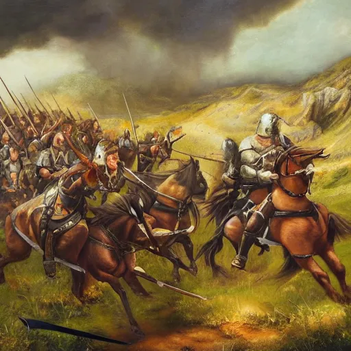 Image similar to a detailed oil painting of charging viking army on horseback over a lush valley + one heavy axe wielding viking warrior leading the brigade