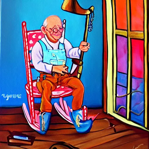 Prompt: a painting of grandpa yocheved wearing overalls on a rocking chair, telling stories, cute and wonderful vivid painting