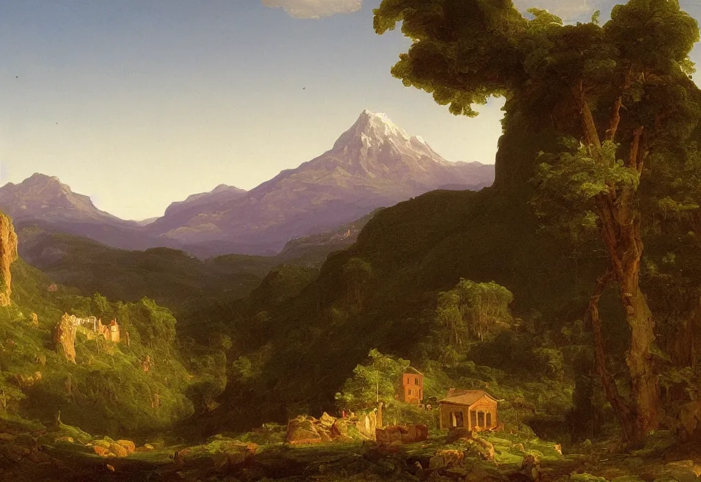 Prompt: painting of a rural town with mountains in the background, thomas cole
