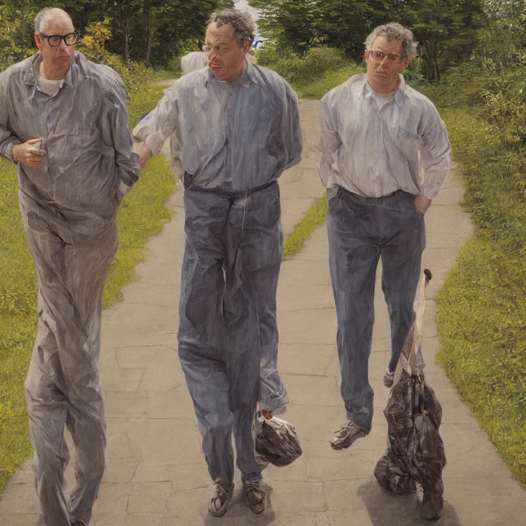 Prompt: high quality high detail painting of todd solondz walking with a friend by lucian freud and gregory crewdson, hd, photorealistic lighting