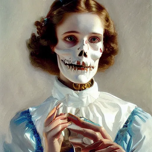 Prompt: painting skull portrait young woman holding a balloon, intricate, elegant, highly detailed,, art by jc leyendecker and singer sargent