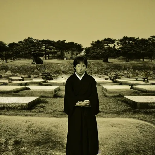 Image similar to black and white photo full shot of beautiful deep thinking Japanese women with perfect eyes and simetrical face, standing in the cementary at night, shot by Akira Kurosawa perfect cinematic light, 8k, highl details, sharp