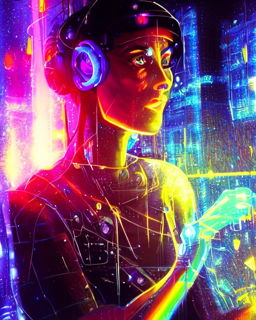 Image similar to a cyberpunk close up portrait of enchanting cyborg athena, electricity, rainbow, sparks, bokeh, soft focus, sparkling, glisten, water drops, cold, dark, geometric, temples behind her, by paul lehr, jesper ejsing