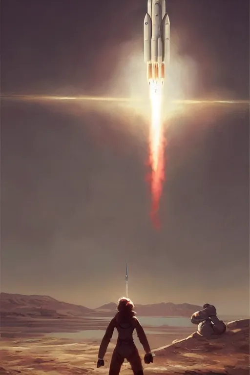 Prompt: poster artwork. distant rocket taking off. on the horizon. during golden hour. symmetry. washed out. desaturated. cinematic. art by wlop, mars ravelo and greg rutkowski.