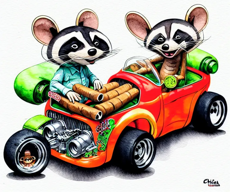 Image similar to cute and funny, cigar smoking racoon riding in a tiny hot rod with oversized engine, ratfink style by ed roth, centered award winning watercolor pen illustration, isometric illustration by chihiro iwasaki, edited by range murata, tiny details by artgerm, symmetrically isometrically centered