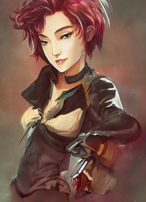 Image similar to full size persona, female sheriff, detail, ultra sharpness, beautiful female, detailed face, art by huyy nguyen, style by cain kuga, cowboy bebop art style, 3 2 beautiful color palettes with their corresponding gradient