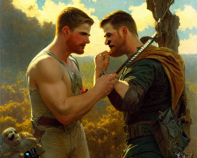 Prompt: stephen amell comforting chris evans, painting by gaston bussiere, craig mullins, j. c. leyendecker