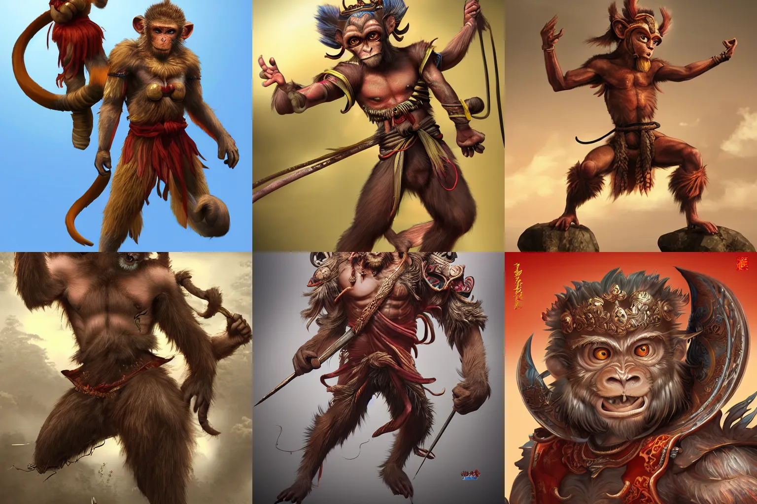 Prompt: tang mo, vastayan,Vanara , apeling, humanoid monkey fantasy race ,wukong, monkey king, featured on artstation