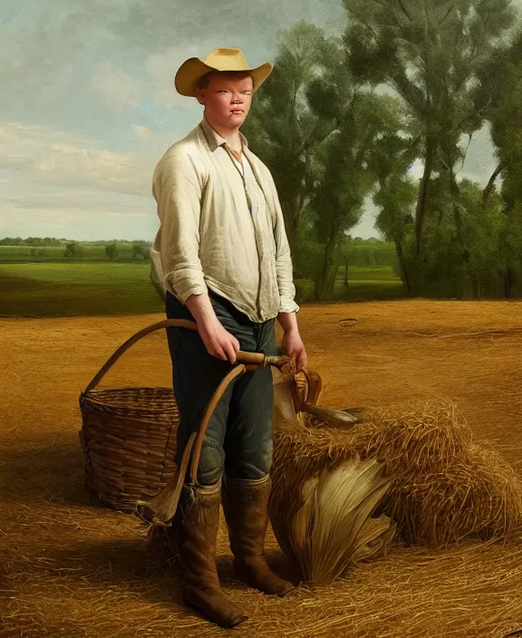 Prompt: portrait of jesse plemons as a farmer in louisiana, art by denys tsiperko and bogdan rezunenko and george caleb bingham, hyperrealism