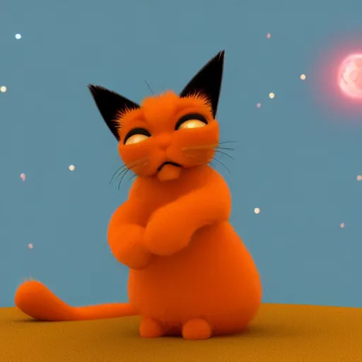 Prompt: A fuzzy orange cat sitting on planet earth, space with stars in the background, trending on artstation, 3D animation, in the style of Dr. Seuss