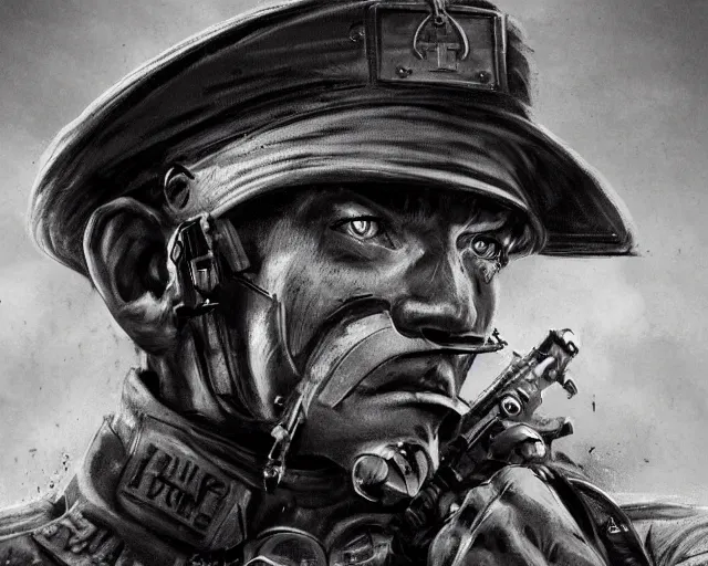 Image similar to A soldier with a hateful face aiming a machine gun at a cat, world war 1, close-up, realistic face, beautiful face detail, mature facial features, black and white, amazing digital art, hyper detailed, artstation, in the style of Tony Sart