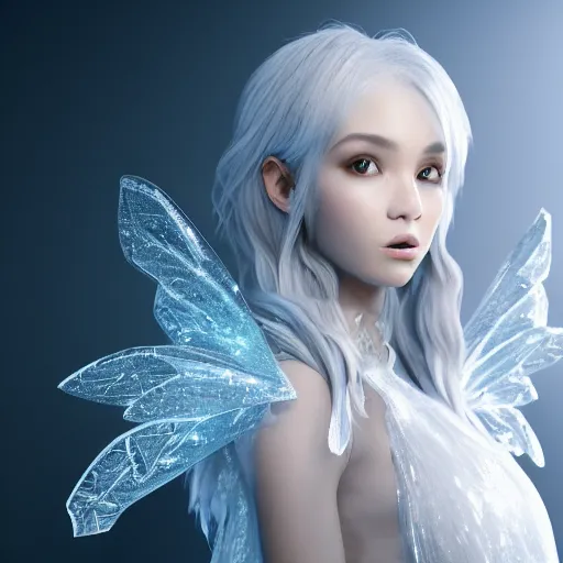 Image similar to portrait of a ice sprite, ice, dark, white glowing background lighting, hyper detailed, fairy tale, 4 k octane render