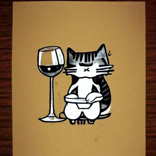 Prompt: cute drawing of an alcoholic cat who drink wine