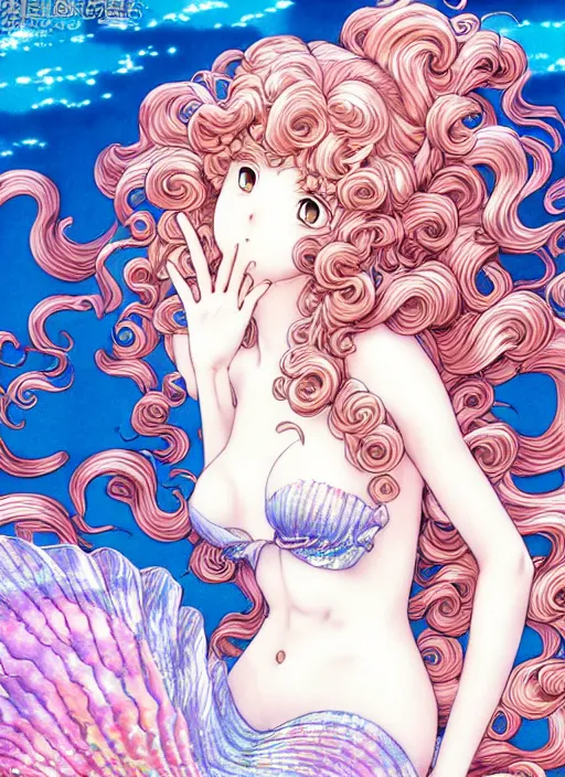 Image similar to manga of beautiful mermaid girl, curls hair, rococo ruffles dress, pastel rainbow, pearlescent, shimmering, reflective, rim light, detailed background, by takeshi obata, katsuhiro otomo, takato yamamoto, illustration, dark fantasitc, artstation, concept art, highly detailed, colorful, maximalist