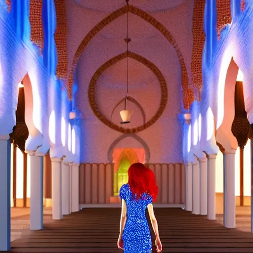 Image similar to redhead girl, blue dress, detailed, nasirolmolk mosque, colorful lights, by john howe _ h 7 0 4