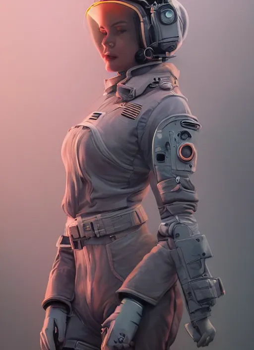 Prompt: detailed full body concept illustration pastel painting of a beautiful woman pilot in intricately designed clothing, retro sci-fi, octane render, 4k, dystopian world