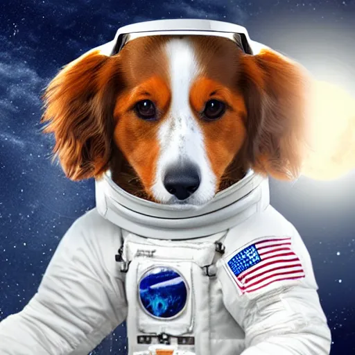 Image similar to kooikerhondje wearing an astronaut suit in the moon, photorealistic, 4k, high quality, beautiful