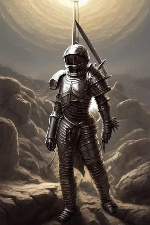 Image similar to crusader in armor standing in moon crater, highly detailed, d & d, fantasy, highly detailed, digital painting, trending on artstation, concept art, sharp focus, illustration, global illumination, ray tracing, realistic shaded, art by artgerm and greg rutkowski and fuji choko and viktoria gavrilenko and hoang lap, sunny