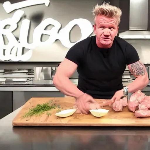 Prompt: Gordon Ramsay eating raw chicken