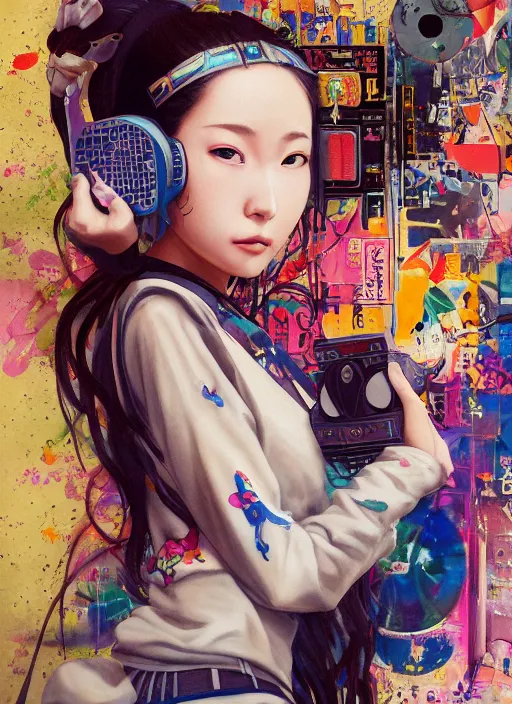 Prompt: beautiful portrait painting of attractive lofi japanese teenage princess assassin chilling to hiphop music on her boombox, by Stephen Hickman and James Gurney and Hiromasa Ogura. Trending on Artstation, 8k, masterpiece, graffiti paint, fine detail, full of color, intricate detail, Golden Ratio illustration