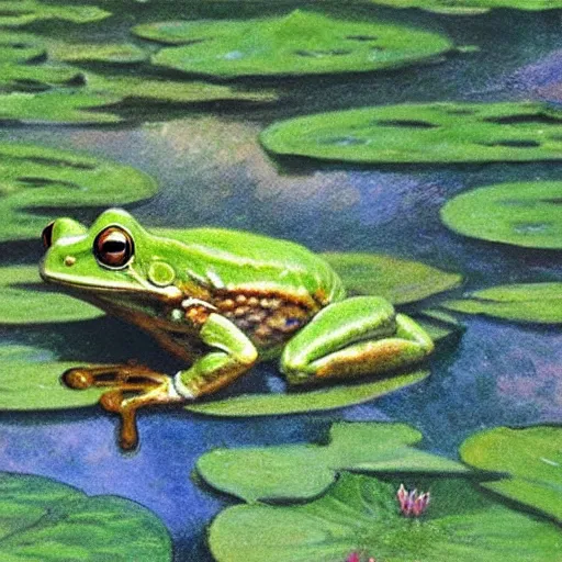 Image similar to !!! sticker!!! close - up of a frog in the water lilies, highly detailed, digital art, matte painting, sharp focus, matte painting, by isaac levitan, monet, asher brown durand,