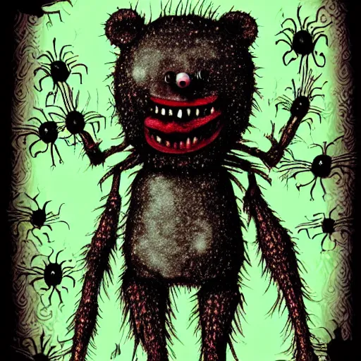 Image similar to dark art cartoon grunge drawing of a teddy bear made of spiders playing with toys with bloody eyes by tim burton - loony toons style, horror theme, detailed, elegant, intricate, trending on art station