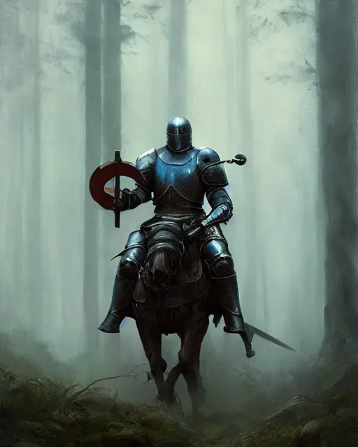 Image similar to Hyper realistic painting of a knight in rusty full plate armor wielding a greatsword, hyper detailed, surrounded by a dark forest, fog, moody, cinematic lighting, dim blue lighting, by greg rutkowski, trending on artstation