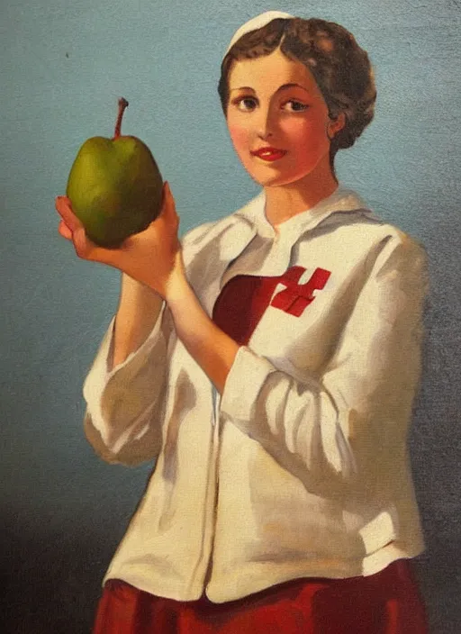 Prompt: vintage beautiful painting of a nurse holding a pear