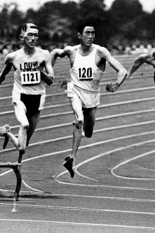 Prompt: Louis zamperini races against emperor Hirohito in the 400 meter,in the style of laurel and hardie