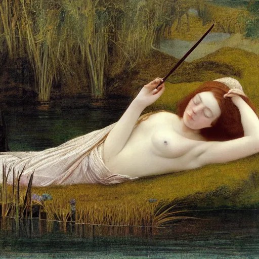 Image similar to breathtaking masterpiece of art, elizabeth eleanor siddall as ophelia laying down in shivasna floating down the river amongst the reeds fully clothed in flowing medieval robes by rosetti, 8 k