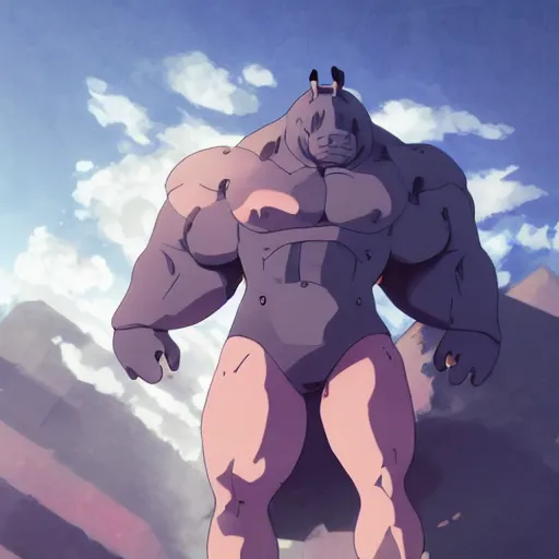 Image similar to a strong rhino at the gym, illustration concept art anime key visual trending pixiv fanbox by wlop and greg rutkowski and makoto shinkai and studio ghibli and kyoto animation symmetrical facial features