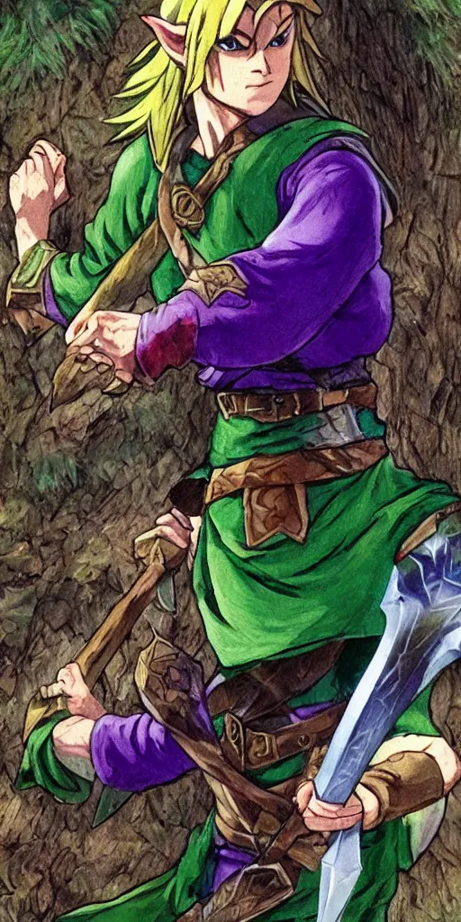 Prompt: link dressed in traditional green tunic and cap, holding the master sword and hylian shield in each hand, in dynamic fighting pose, clear detailed face with focused expression, mystical forest background, dark skies, green purple blue pink iridescent color scheme, intricately detailed, finely textured, cgsociety