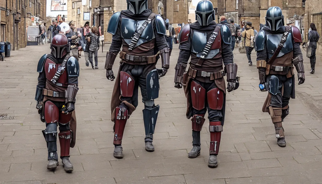 Prompt: single mandalorian walking through the empty streets of england, in style of jim lee