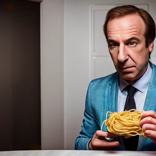 Image similar to saul goodman eating spaghetti, ( sony a 7 r iv, symmetric balance, polarizing filter, photolab, lightroom, 4 k, dolby vision, photography awardm, voque, perfect face )