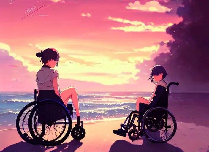 Prompt: portrait of cute girl on wheelchair, sunset sky in background, beach landscape, illustration concept art anime key visual trending pixiv fanbox by wlop and greg rutkowski and makoto shinkai and studio ghibli and kyoto animation, symmetrical facial features, daily clothing, man pushing wheelchair, backlit