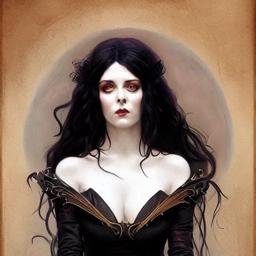 Image similar to beautiful striking Pre-Raphaelite goth Elvira Mistress of the Dark by Artgerm and Greg Rutkowski, pale, intricate, elegant, highly detailed, digital painting