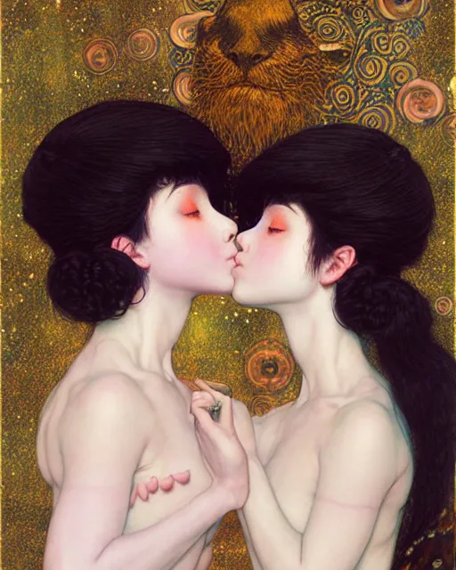 Image similar to portrait of two beautiful cute young maiden girls kissing with short white hairs in warhammer armor, art by ( ( ( kuvshinov ilya ) ) ) and wayne barlowe and gustav klimt and artgerm and wlop