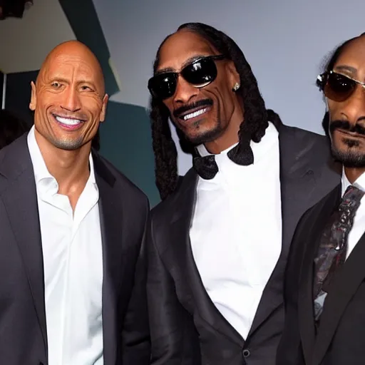 Prompt: a picture of Dwayne Johnson, snoop Dogg and Jackie Chan posing together for the camera