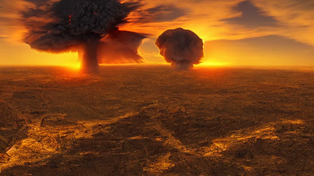 Image similar to movie still of a nuclear explosion, sunset, golden hour, dramatic