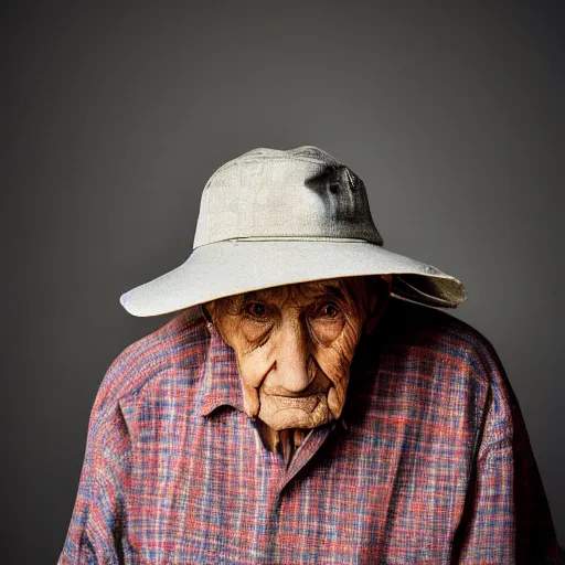 Prompt: an elderly man wearing a hat made from a tortilla, bold natural colors, national geographic photography, masterpiece, 8 k, raw, unedited, symmetrical balance