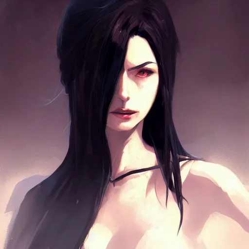 Image similar to female human vampire witch in the style of greg rutkowski, makoto shinkai, trending on artstation, character design, concept art, pretty face, highly detailed, long black hair, portrait, digital art