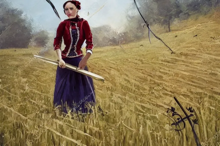 Image similar to concept art romanian woman with scythe, mowing of the hay, drmatic ligthing, traditional romanian clothes, artdtation beautiful