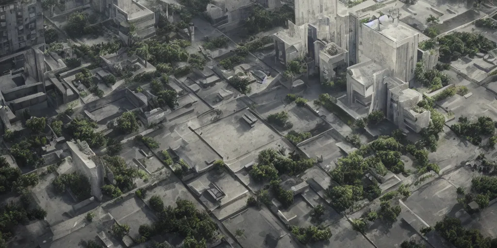 Image similar to brutalist concrete pyramids by Le Corbusier, abandoned temples, empty city streetscapes, surrounded by lush green vegetation, ground-level view, puddles of water, stunning volumetric lighting, sunset, trending on Artstation, 8k, photorealistic, hyper detailed, unreal engine 5, cinematic, epic lighting, cryengine, octane render, cyberpunk,, dark, gloomy