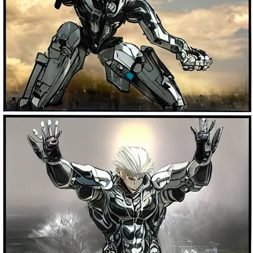 Image similar to monsoon from the metal gear rising video game, looking at memes on a computer in a bedroom